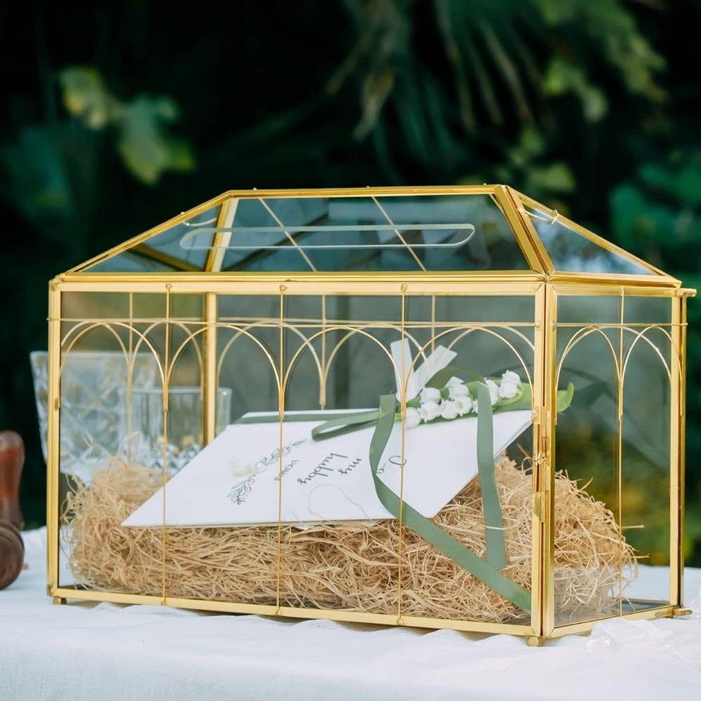 New, Gold Glass Cards Box with Slot and Lock for Wedding